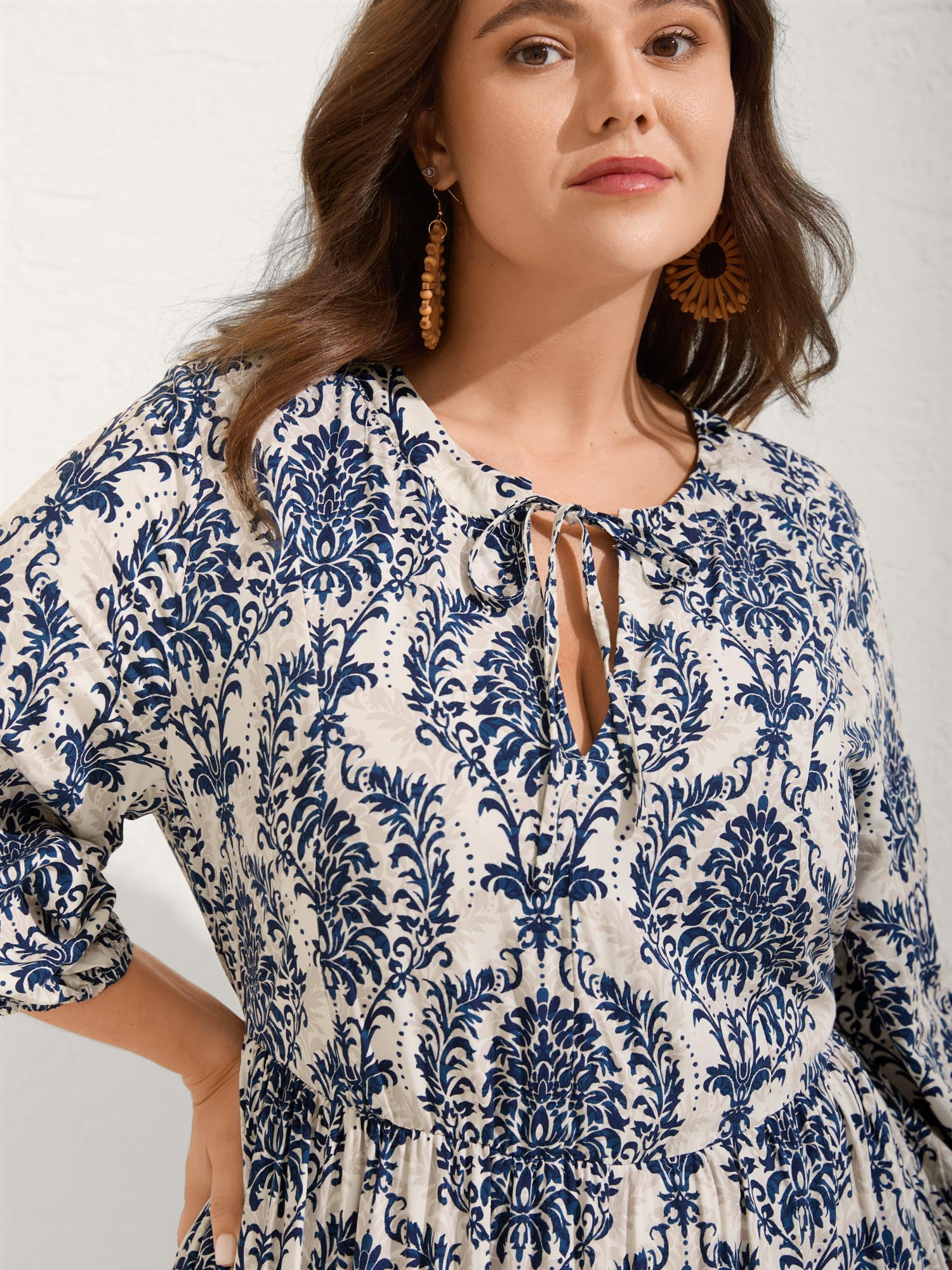 Damask Print Tie Knot Puff Sleeve Dress