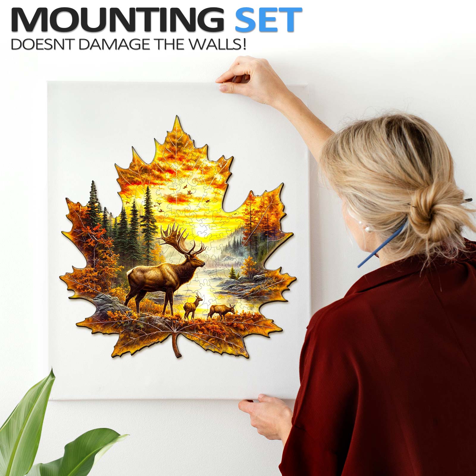 Elk and maple leaves Wooden Jigsaw Puzzle