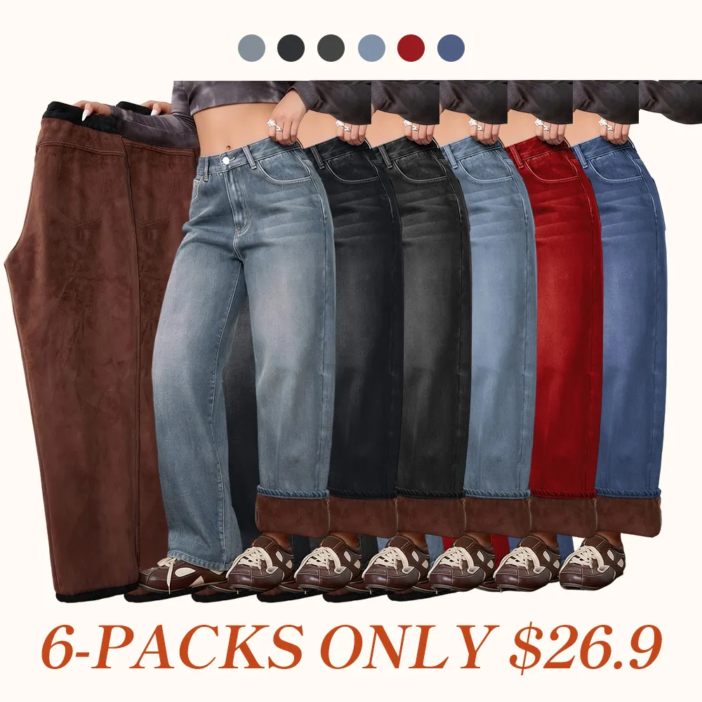 Women's Vintage Fleece-Lined Thickened Fall Winter Wide Leg Jeans