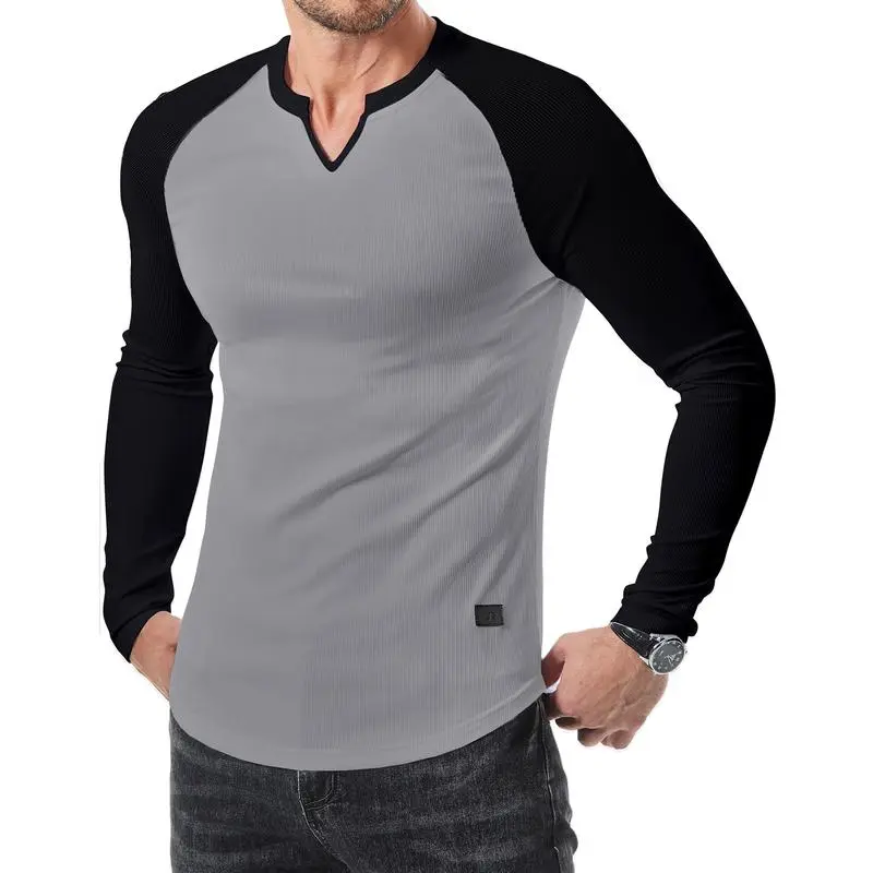 Mens Long Sleeve Muscle T Shirts Casual V-Neck Longline Ribbed Tee Shirts