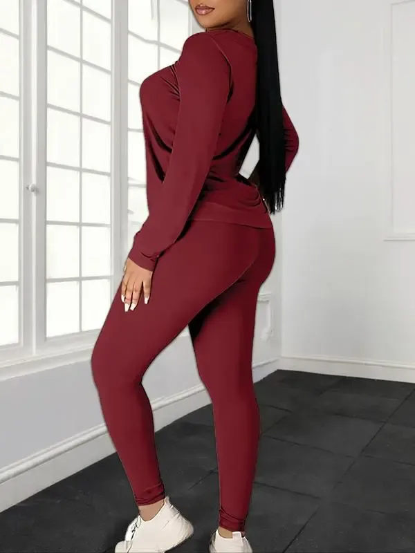 Women's solid color long-sleeved top and pants set