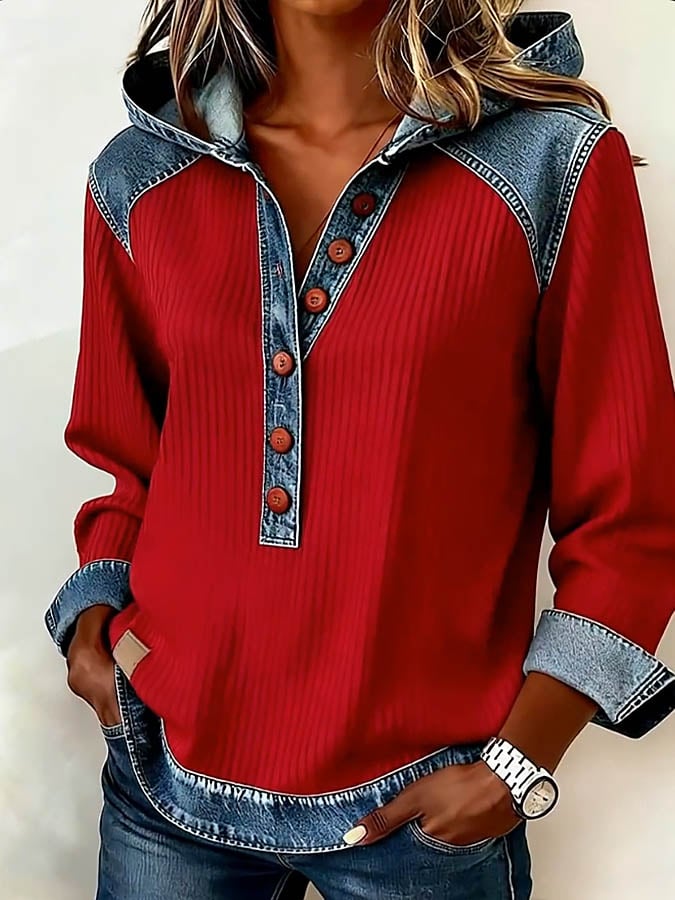 Women's Casual Hooded Collar Denim Patchwork Sweatshirt