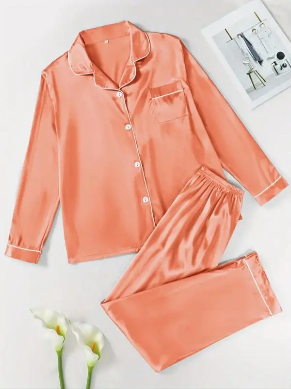 Two-Piece Set Women's Solid Contrast Binding Satin Pyjamas