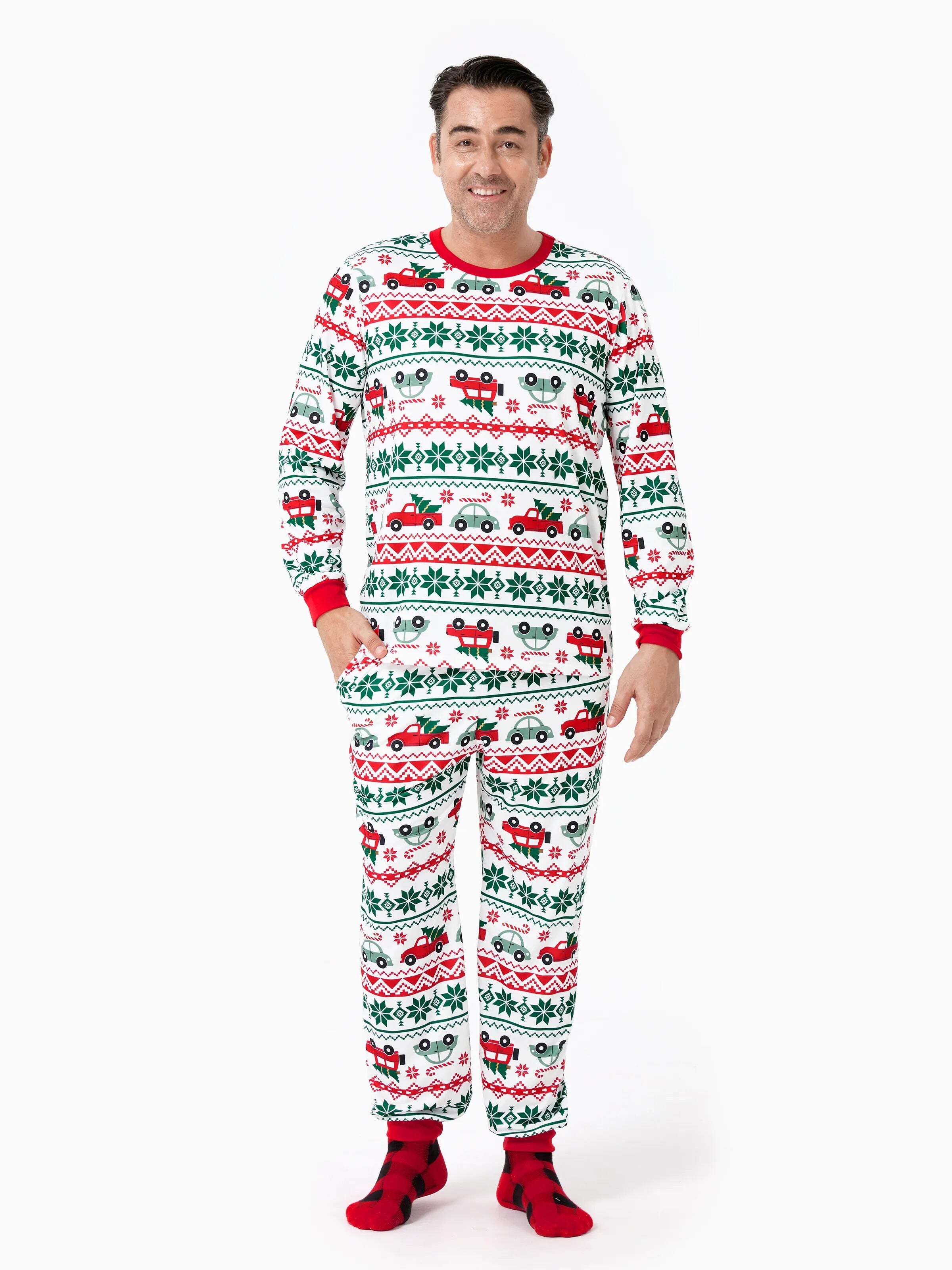Christmas Matching Family Pajamas Set Snowflake and Car Print PJS with Christmas Socks Red