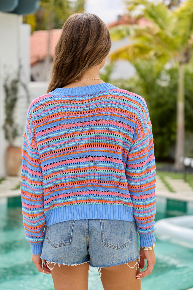 Party Cove Blue Multi Striped Open Knit Sweater