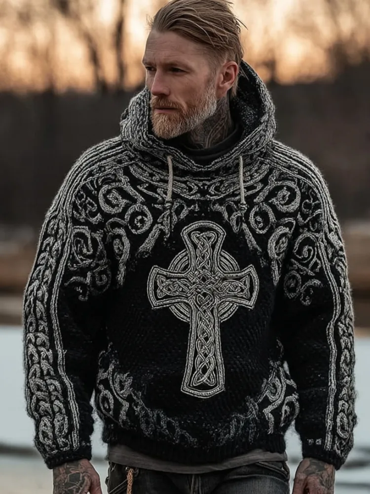 Men's Viking Style Celtic Cross Vintage Hooded Sweater