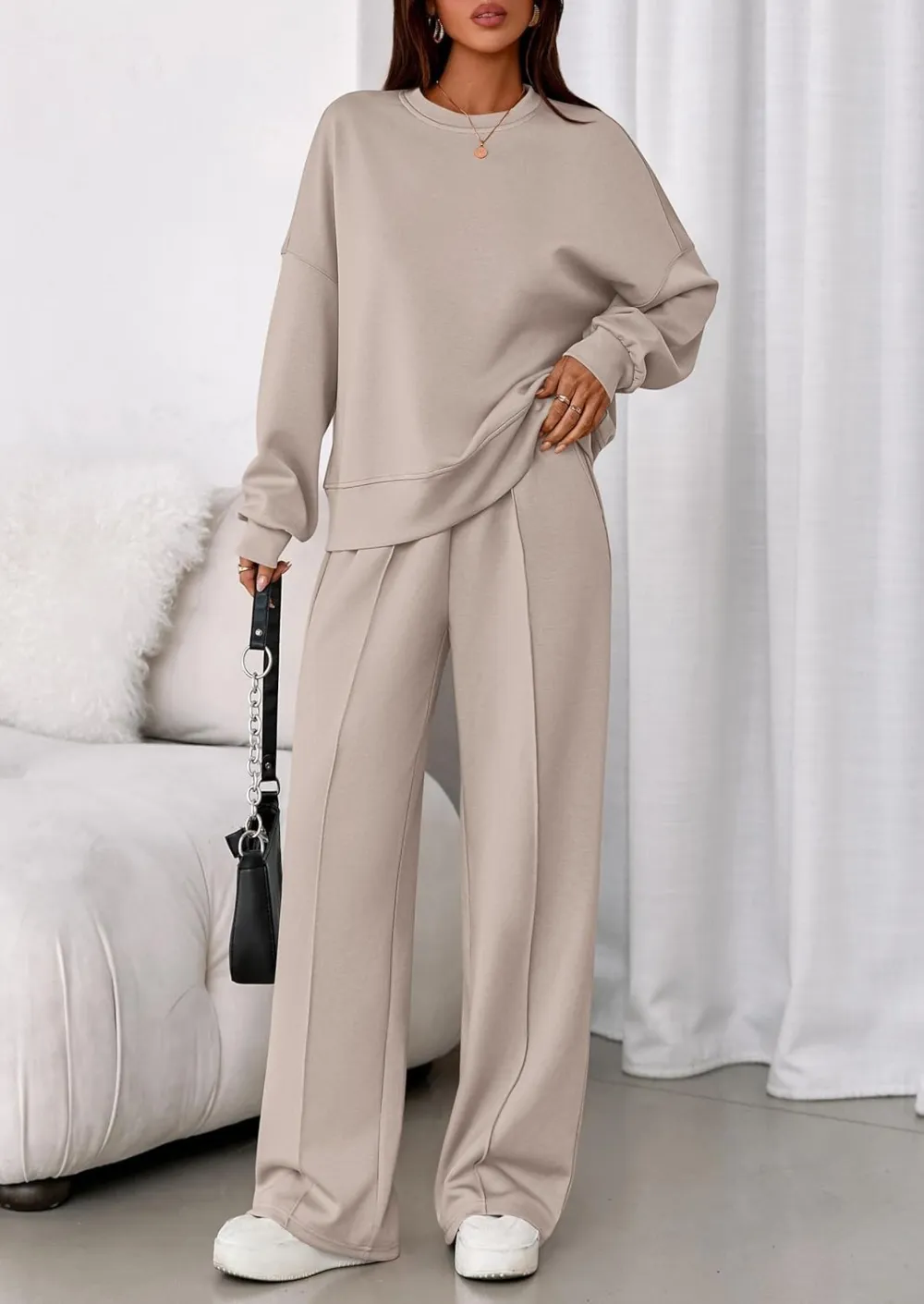 2 Piece Sets For Women Fall Trendy Long Sleeve Sweatshirt Wide Leg Pants Loungewear Set