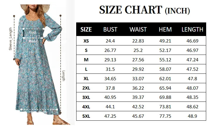 Boho Floral Smocked Square Neck Long Sleeve Maxi Dress