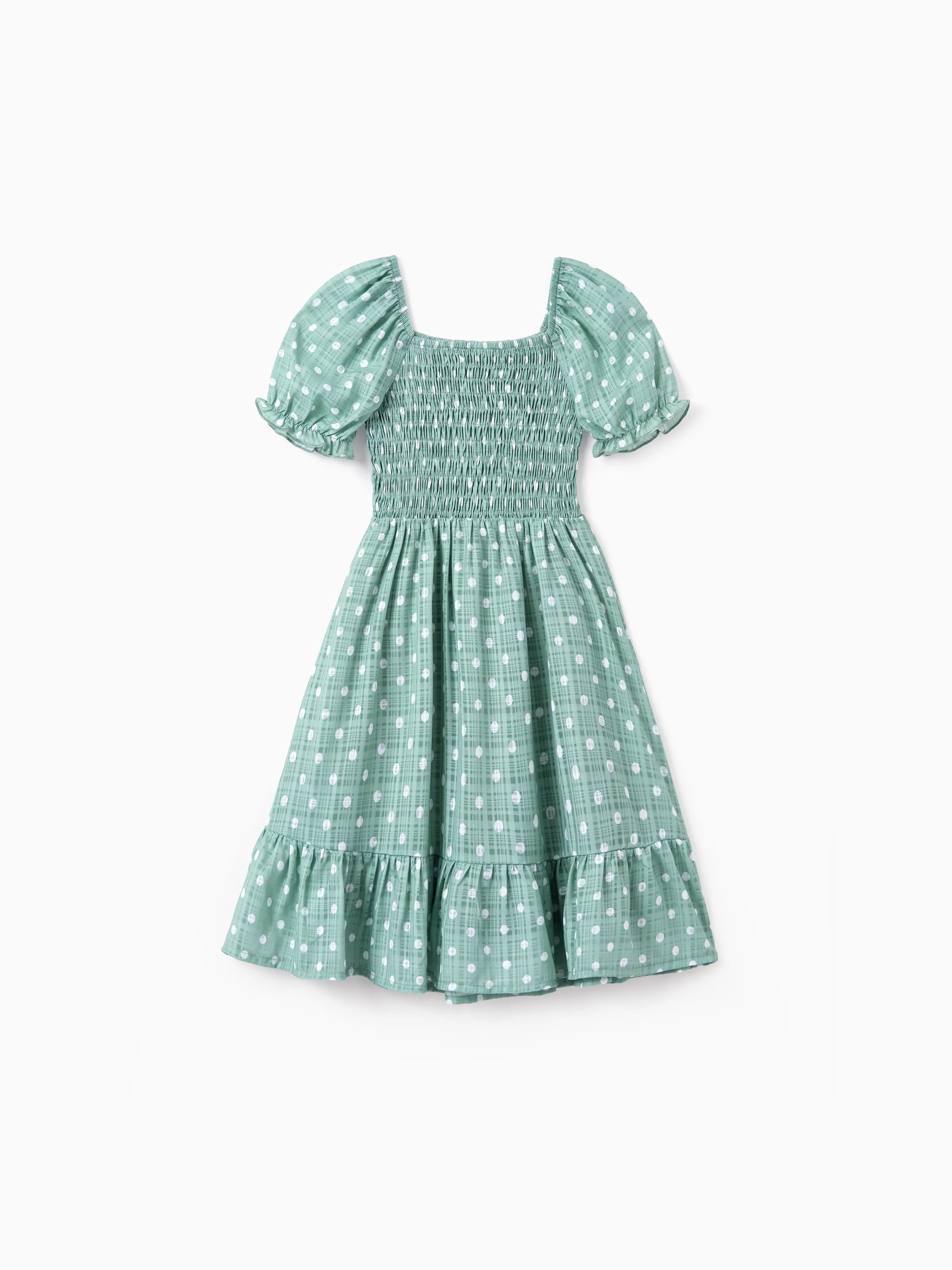Family Matching T-Shirt & Dress Set Polka Dot Puff-sleeve Dress for Mom, Daughter & Baby, Color Block Cotton Tee for Dad & Son, Perfect for Family Outings & Photos Light Green