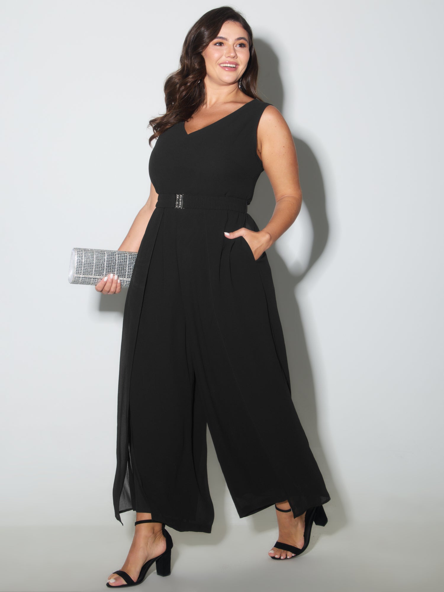 Metallic Buckle Layered Hem Slit Jumpsuit