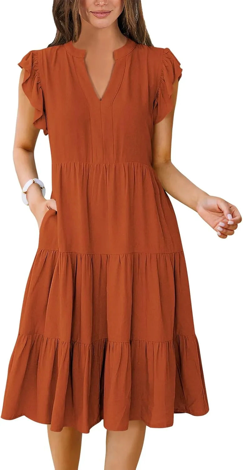 Women's Ruffle Sleeve V-Neck Tiered Midi Dress