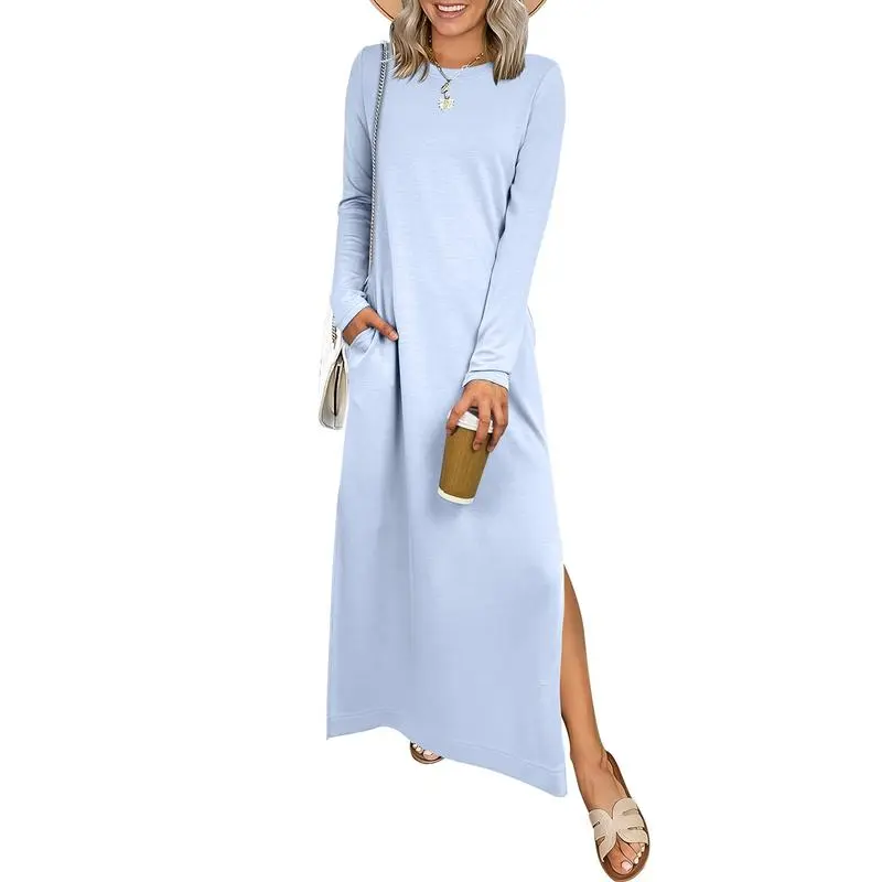 Women Long Sleeve Dresses 2026 Fall Casual Crewneck Loose Fit Split Flowy Wrinkle-Free Travel Vacation Maxi Dress