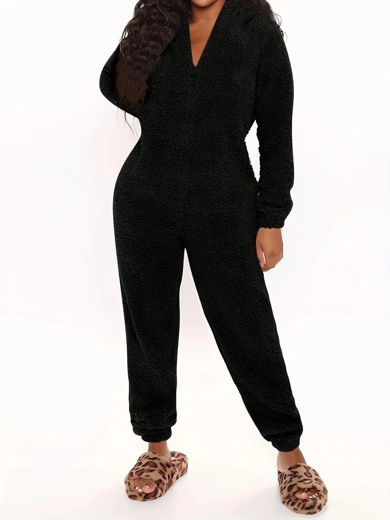Women's Solid Zipper Hooded Plush Pajama Jumpsuit