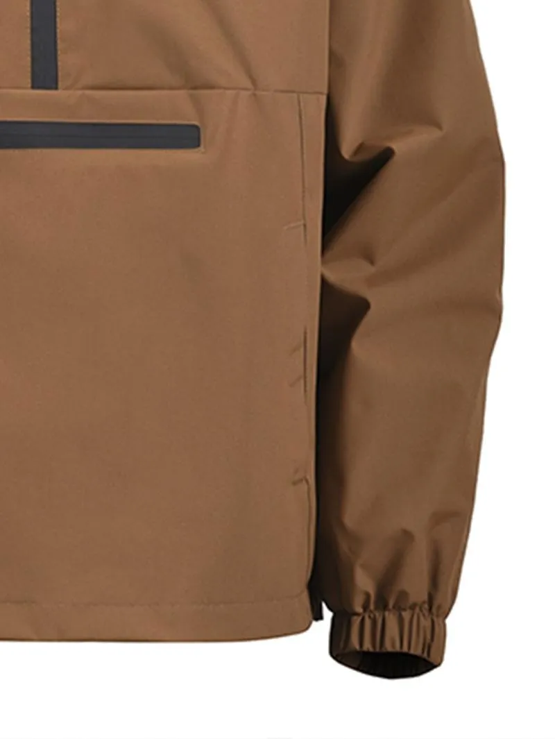 One black half-zip pullover with hoodie, outdoor camping style, large pockets, made of stain-resistant fabric