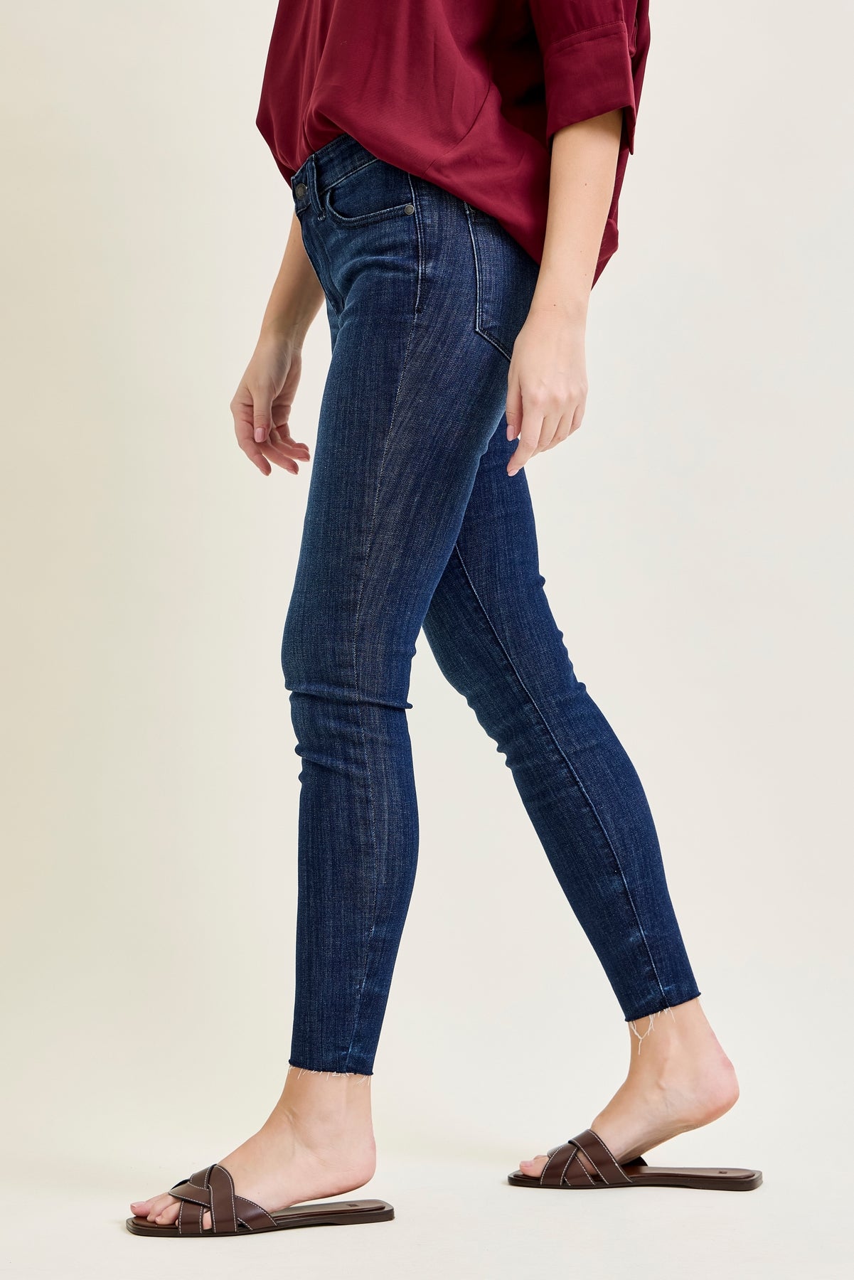 Kinsley Edgy Mid Rise Skinnies with a Raw Twist