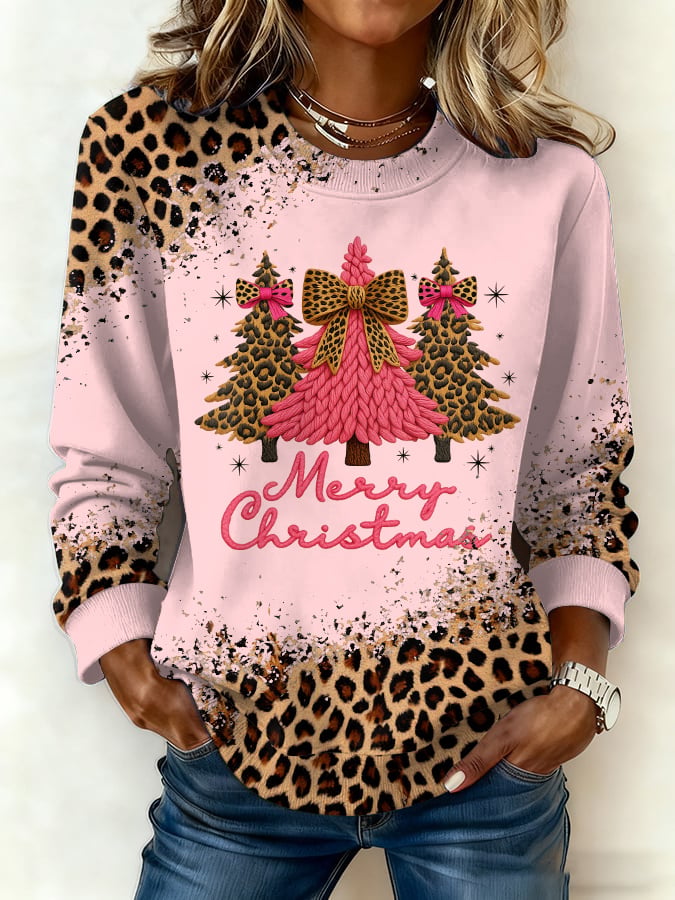 Women's Retro Western Leopard Print Christmas Print Casual Crew Neck Sweatshirt