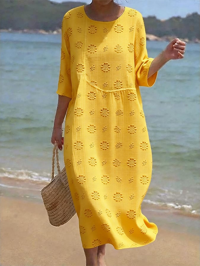 Women's Casual  Round Neck Mid Sleeve Print Cotton and Linen Dress- Fast Shipping