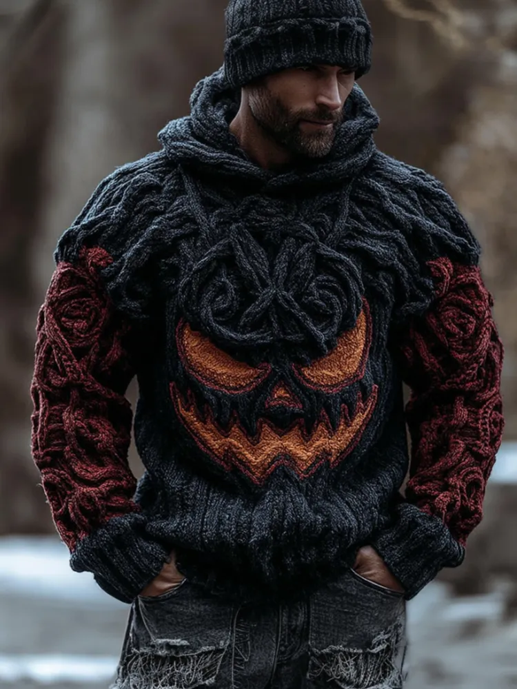 Men Halloween Pumpkin Emojis Hooded Coarse Needle Sweater