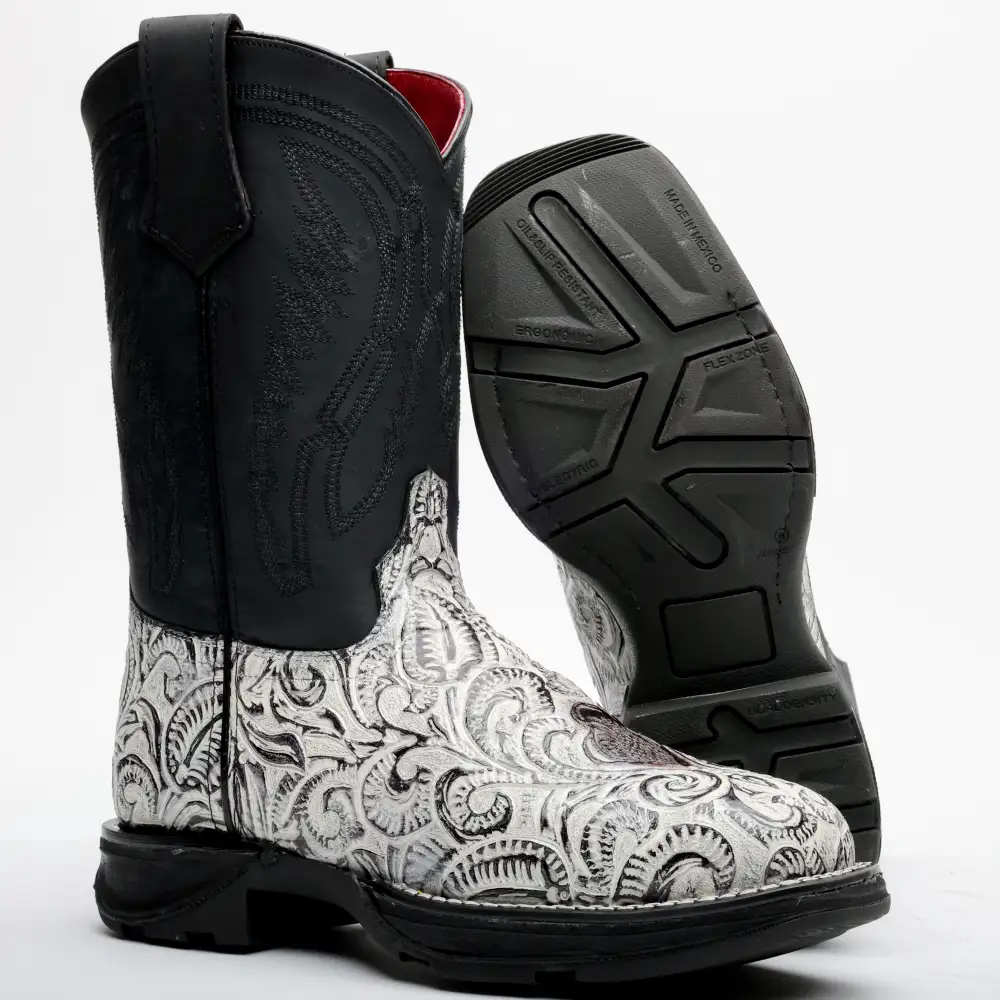 Snow White Hand-Tooled Leather Boots With 3D Lightweight Sole - Composite Toe