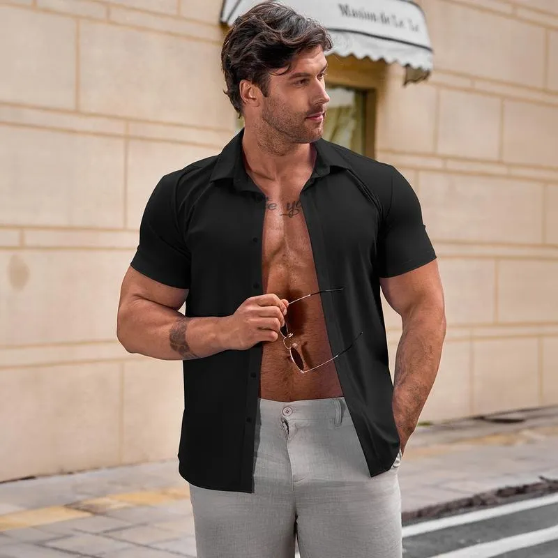 Mens Muscle Fit Dress Shirts Casual Button Down Shirt Short Sleeve Wrinkle-Free Shirts