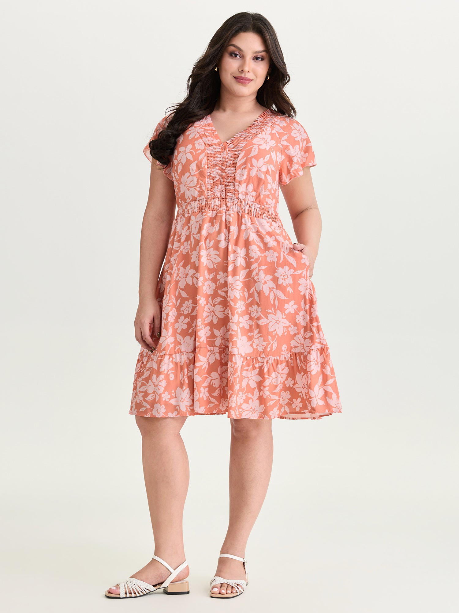 Large Floral Print Shirred Neckline Mini Dress