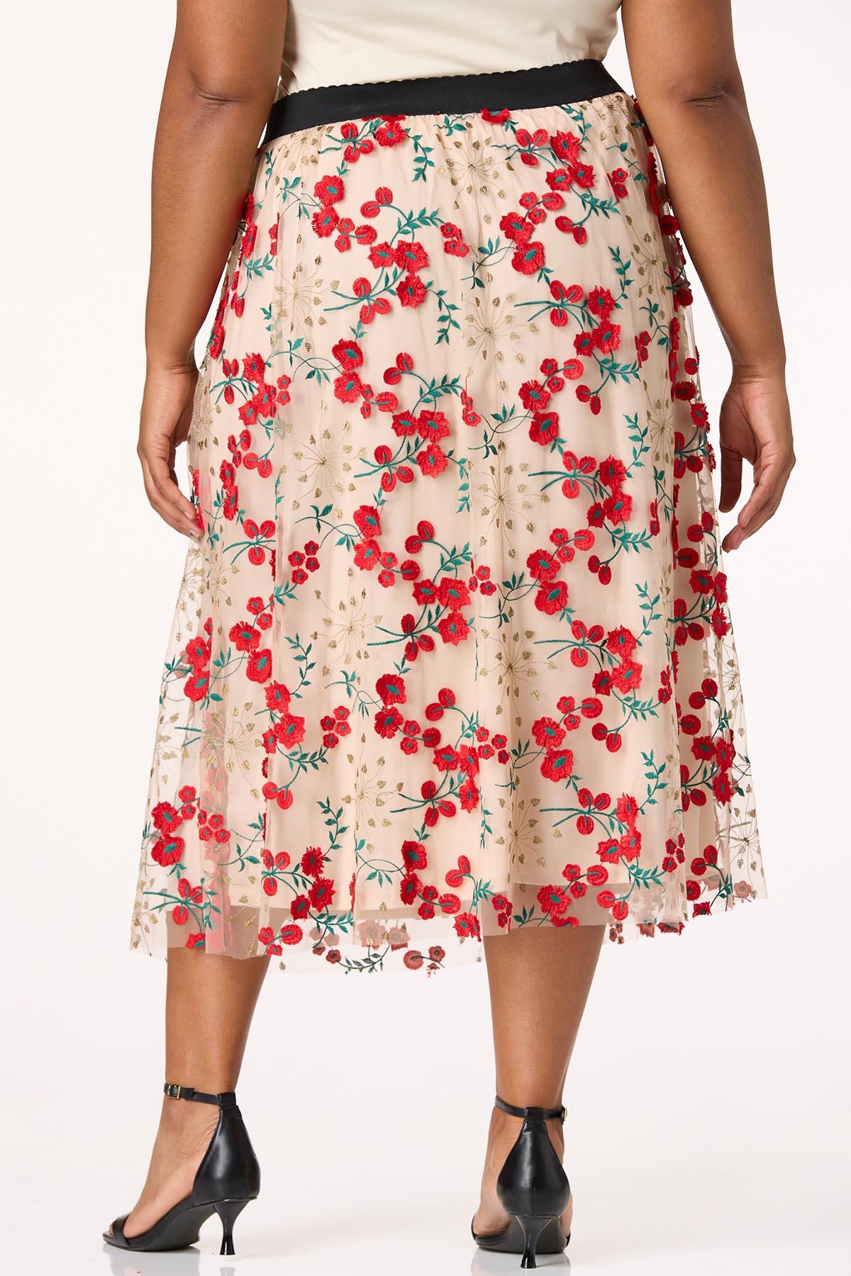 Plus Size Floral Embroidered Mesh Midi Skirt