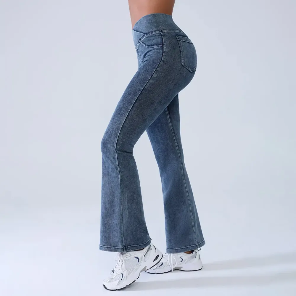 High Waisted Bootcut Flare Denim Jeans for Women - Crossover Waist & Illusion Pocket Design