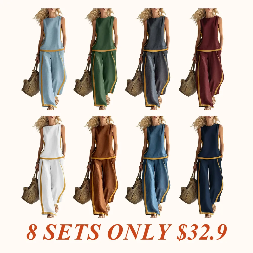 2026 Linen Blend Two Piece Set for Women Sleeveless Color Block Top Wide Leg Pants Set Casual Summer Outfit