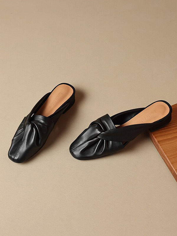 Hollow Pleated Round-Toe Split-Joint Slippers&Mules