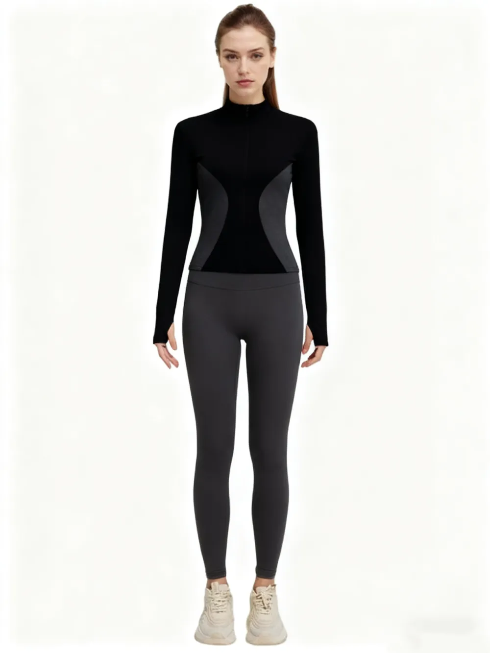 Women's Solid Zip Up Mock Neck Sports Jacket & High Waist Leggings Set