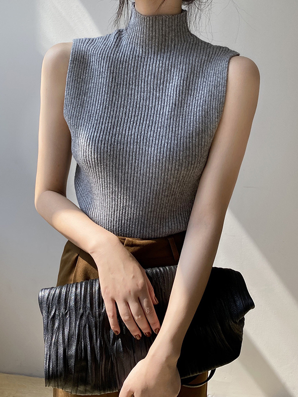 Solid Color Skinny Sleeveless High-Neck Vest Top Knitwear