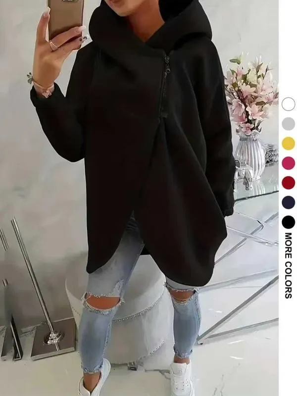Women's Plus Size Hooded Sweatshirt, Full Zip Fashion Design, Asymmetrical Hem