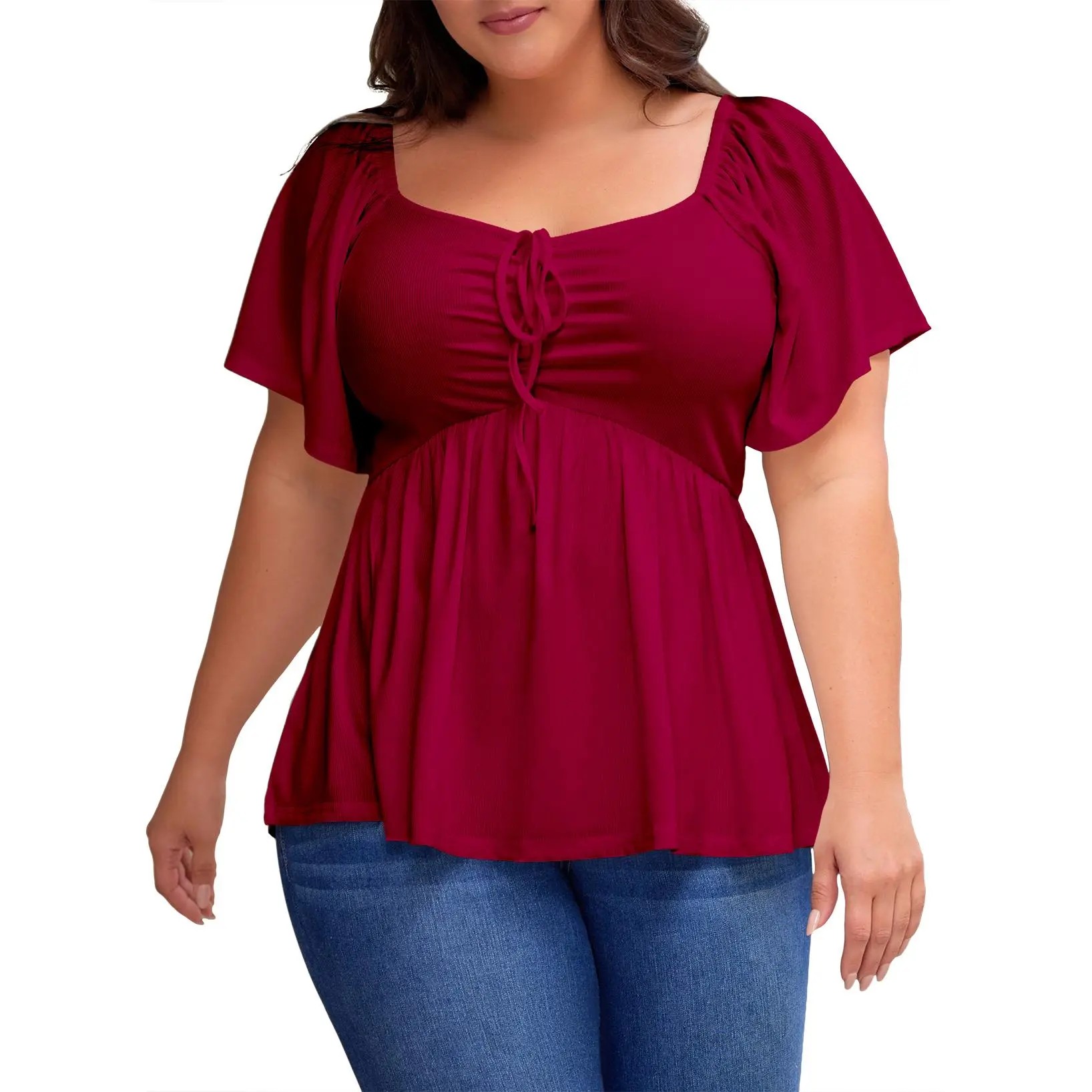 ⏰8 PACKS Women's Plus Size Sweetheart Neck Short Sleeve Shirred Peplum Blouse Tops Shirts(1X-5X)
