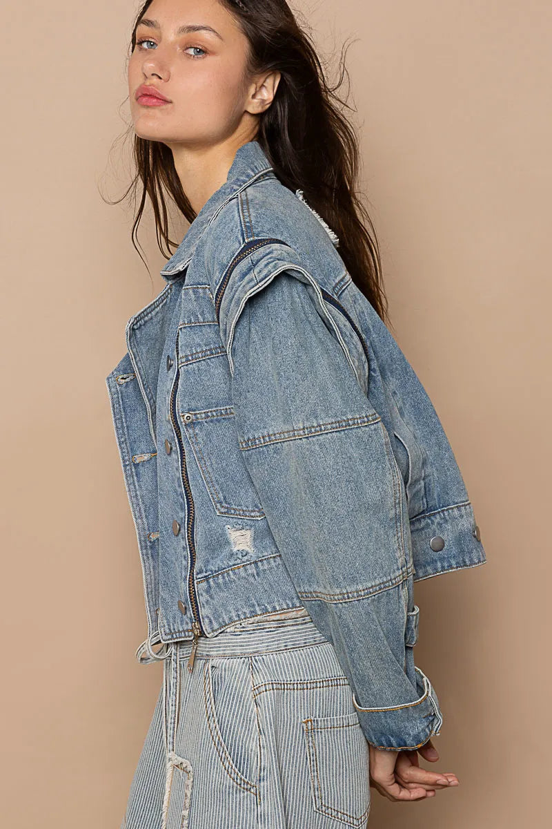 Cropped Denim Jacket with Functional Zipper Detail