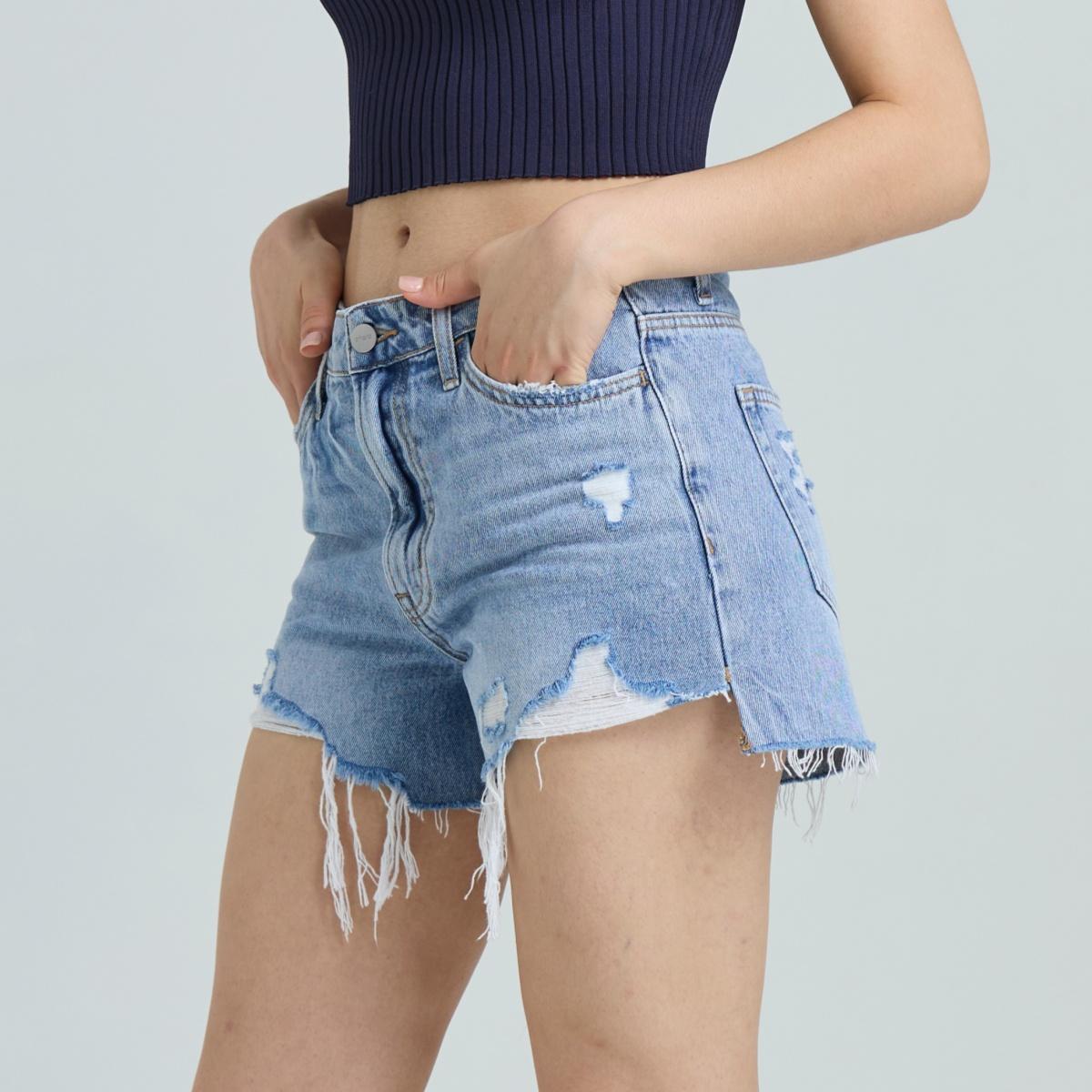 Mother's Day Sale💕Non-Stretch High Rise Raw Hem Ripped Jean Shorts Rigid Denim