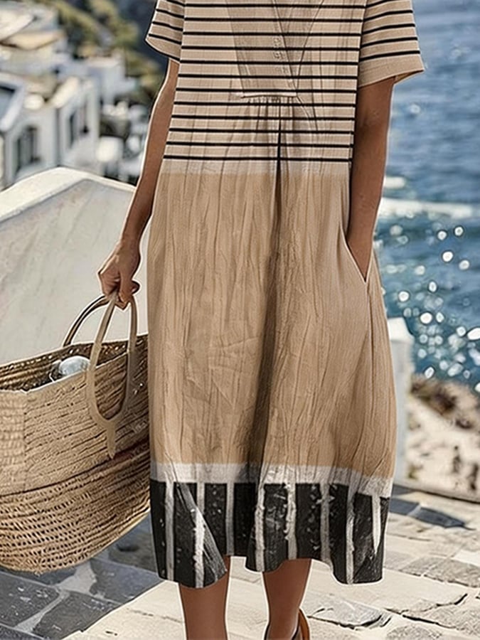 Women's Casual V-Neck Striped Loose Dress- Fast Shipping