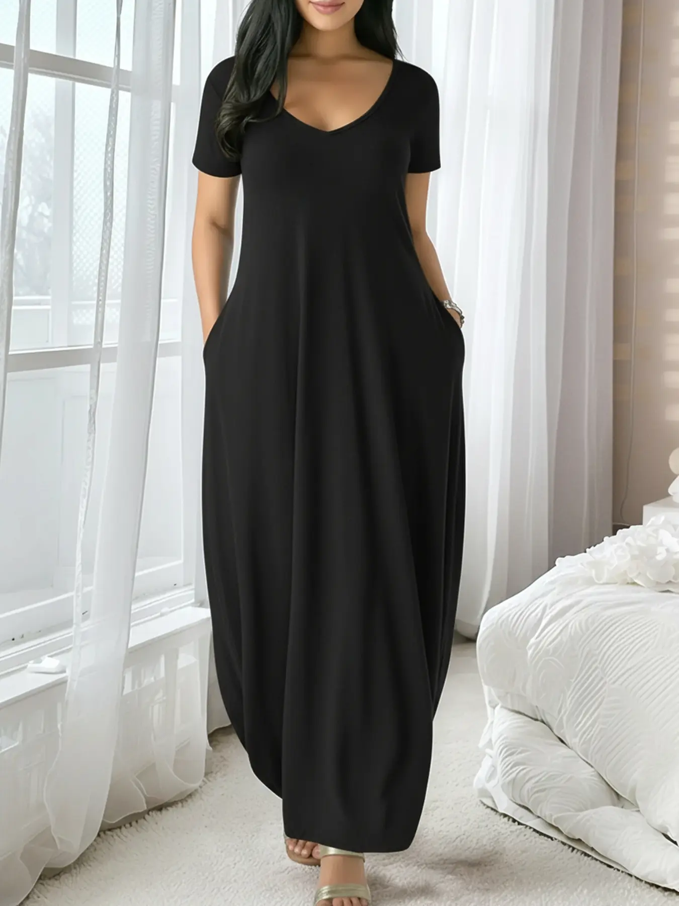 🔥Only $4.8 Each/Women's Long Fitted Large Round Neck Dress, Casual Home Sleepwear