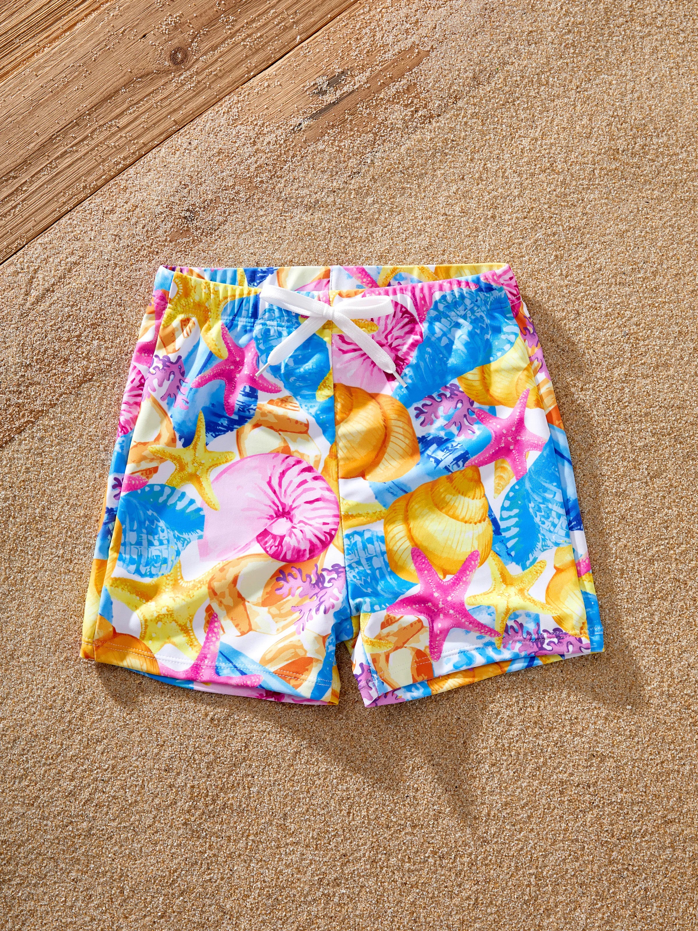 Family Matching Seashell & Starfish Print Swimsuits Ruched One-Piece & Swim Trunks Set Multi-color