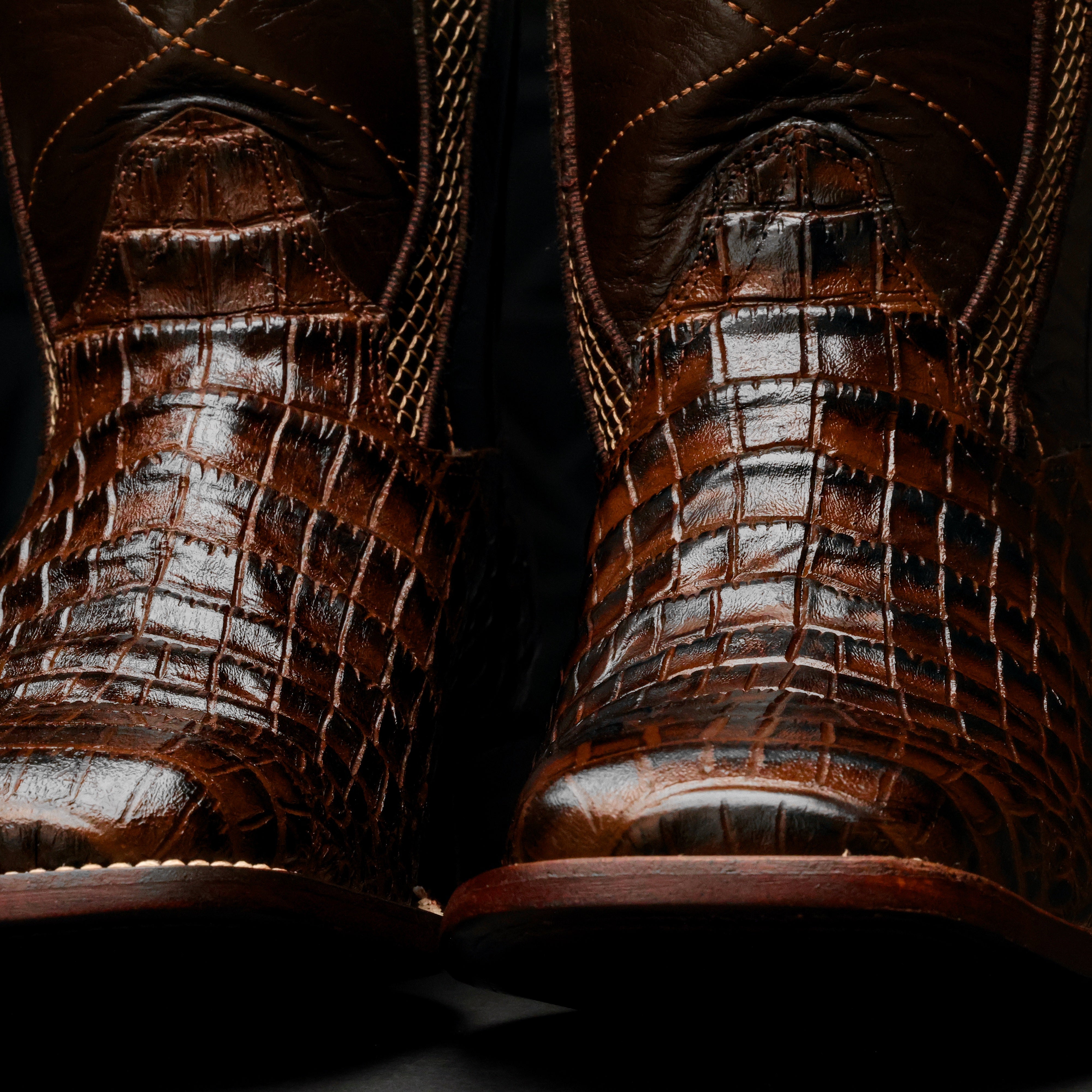 Chocolate Brown Caiman Belly Leather Boots - Square Toe