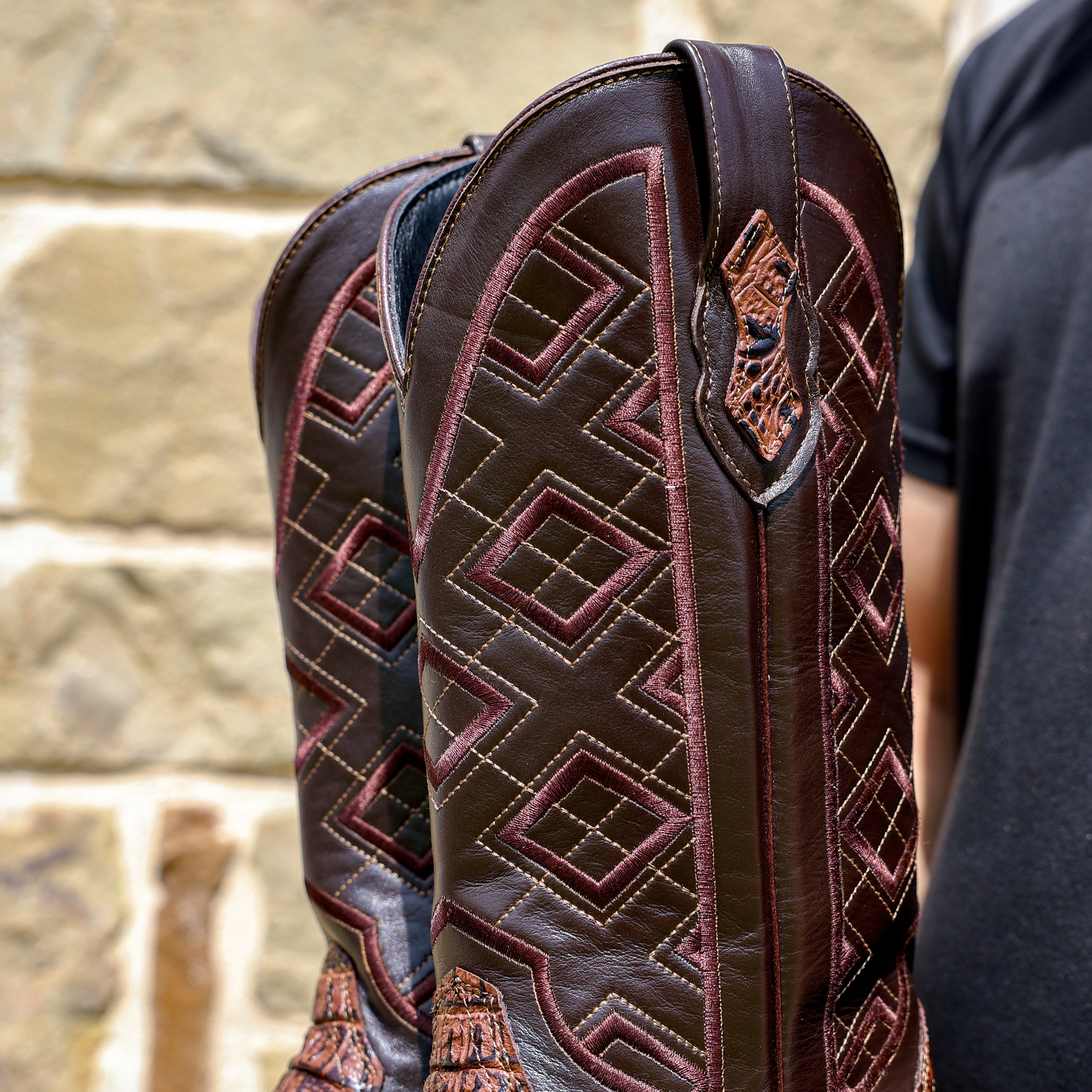 Brown Caiman Hornback Leather Boots - Square Toe