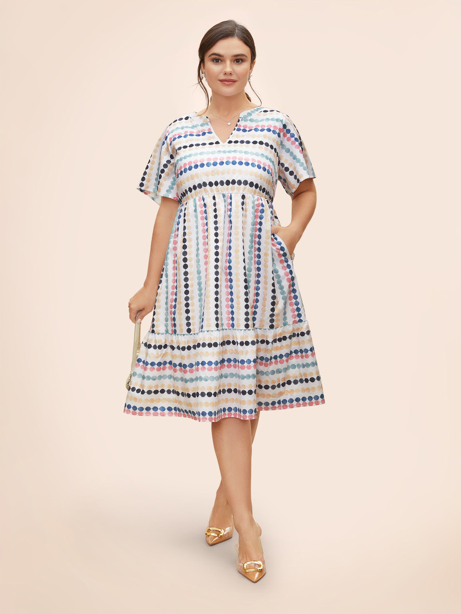 Dot Print Elastic Waist Split Neck Mini Dress