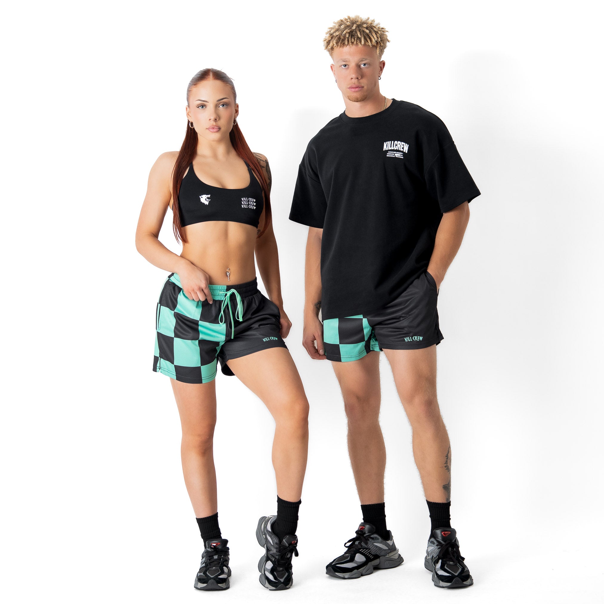 MUAY THAI SHORTS (MID THIGH CUT) CHECKER - BLACK / MINT