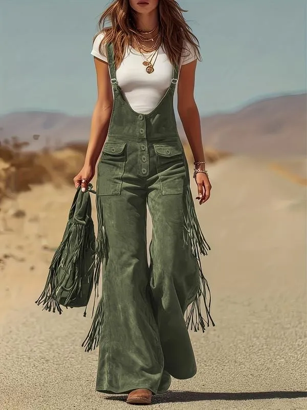 Women's Retro Faux Suede Fringe Wide-Leg Cargo Pants