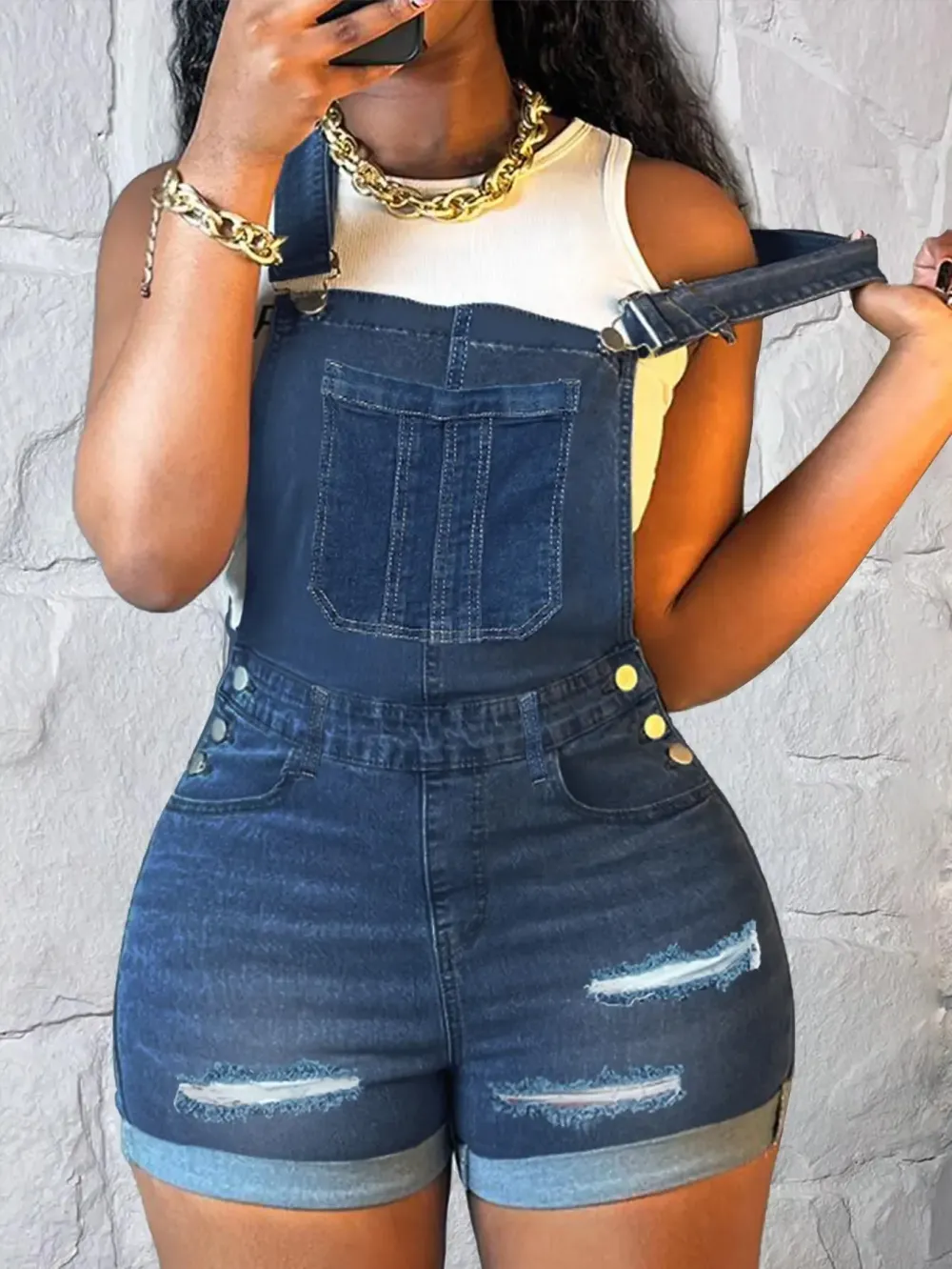 Women's Ripped Denim Bib Shorts - Dark Wash & Adjustable Straps