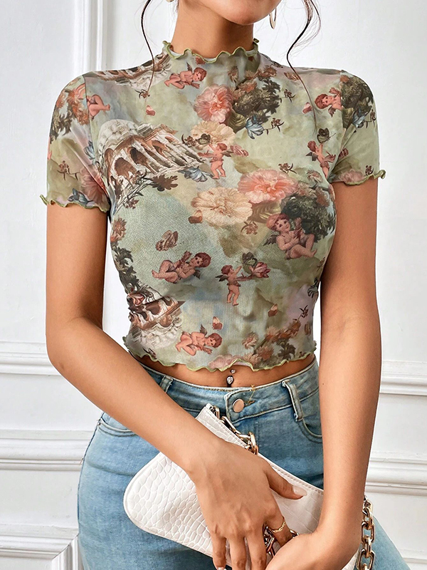Figure Flower Print Ruffle Trim See-Through Short Sleeves Skinny Mock Neck T-Shirts Tops