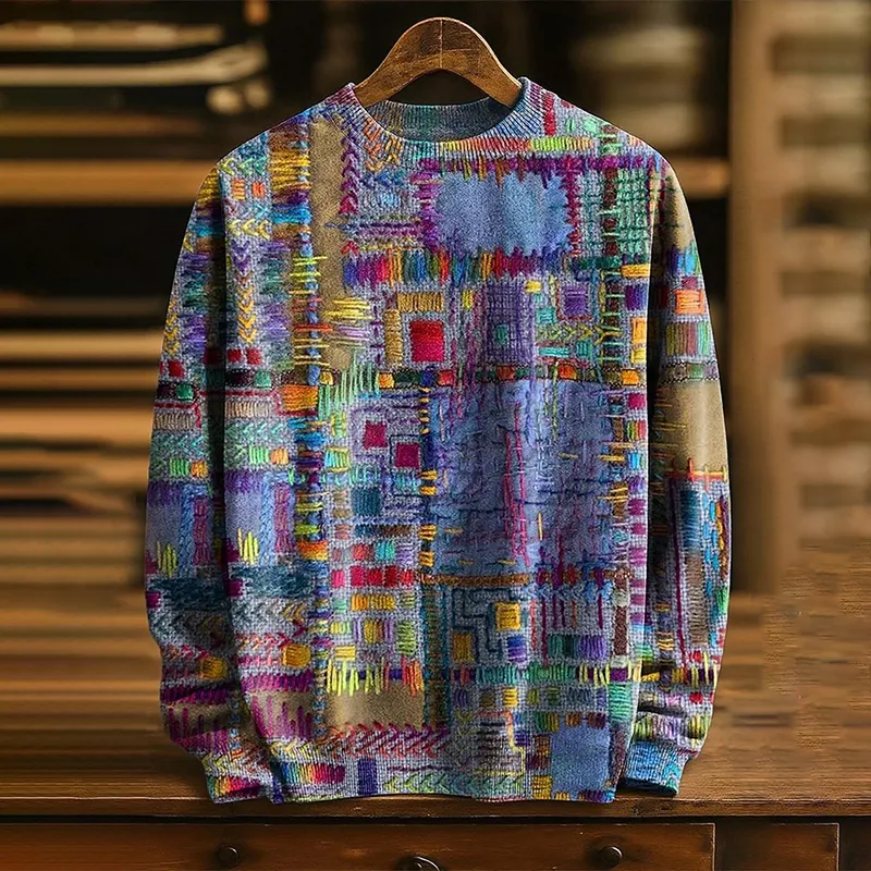 Men's Vintage Purple Patchwork Ethnic Art Print Knit Pullover Sweater