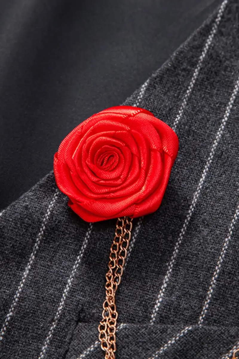Pinstripe Pattern With A Red Rose Brooch And Chain Pocket Single-Breasted Suit Vest
