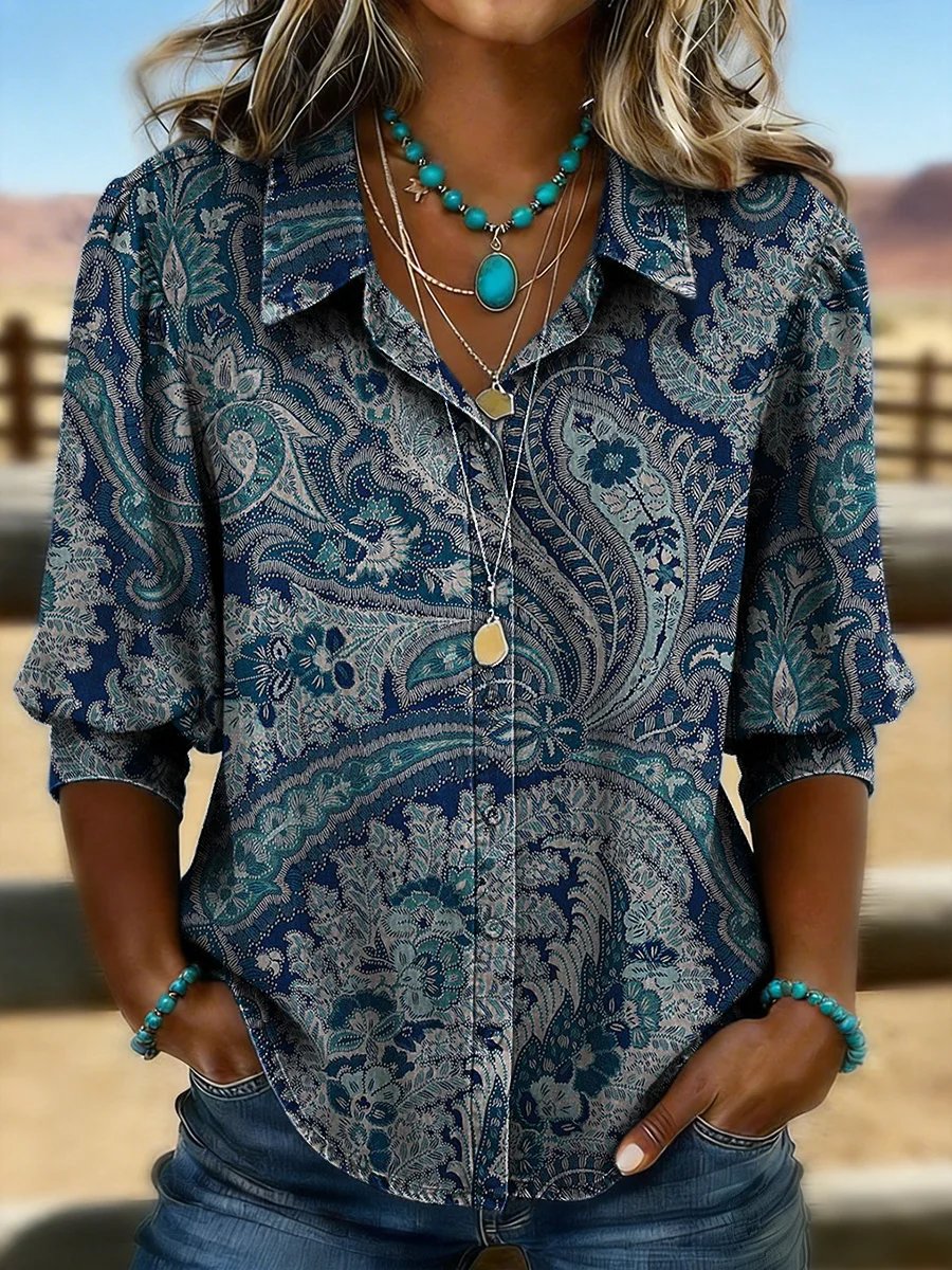 Retro Print Casual Puff Sleeve Shirt