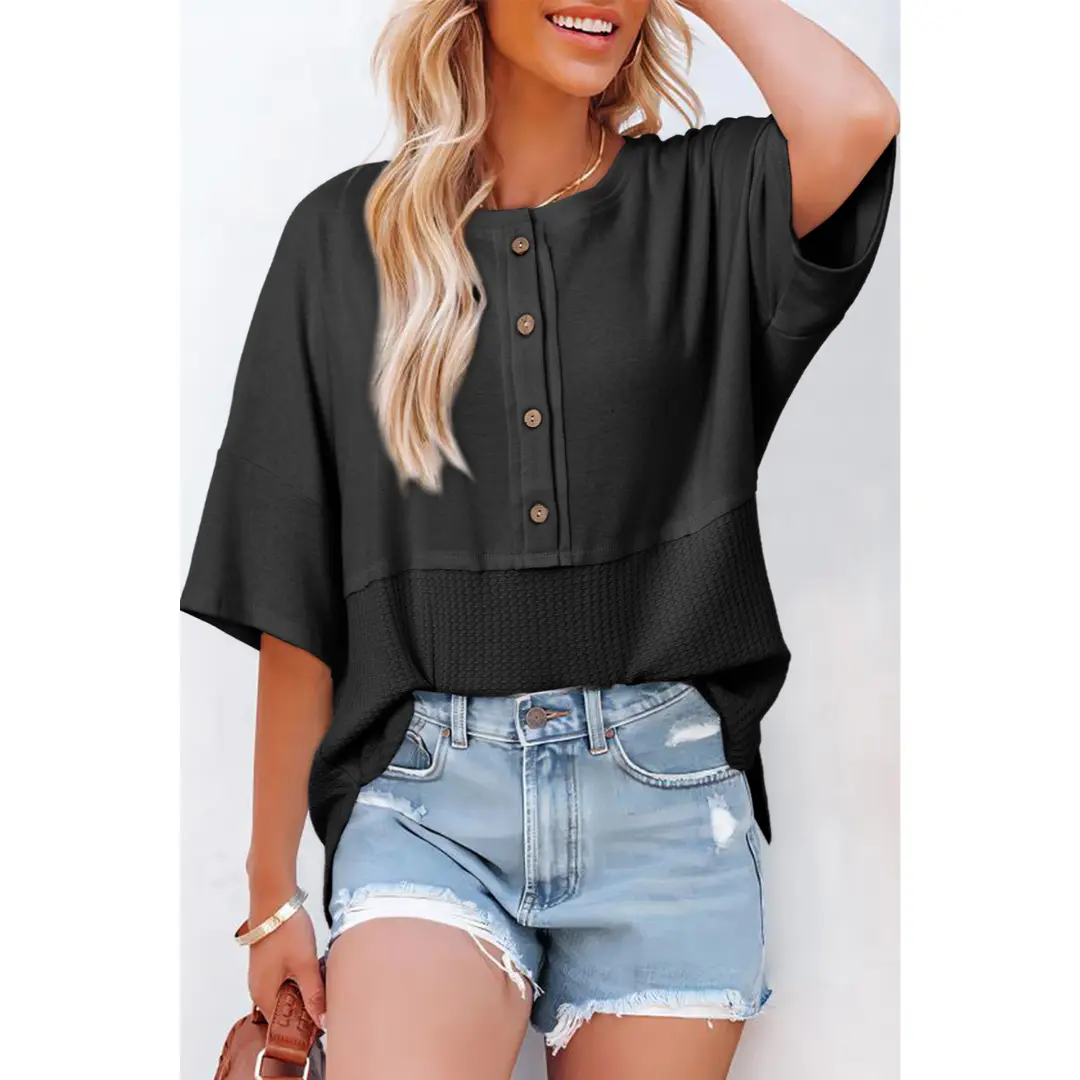 Women’s Waffle Knit Oversized Casual Blouse – 3/4 Sleeve