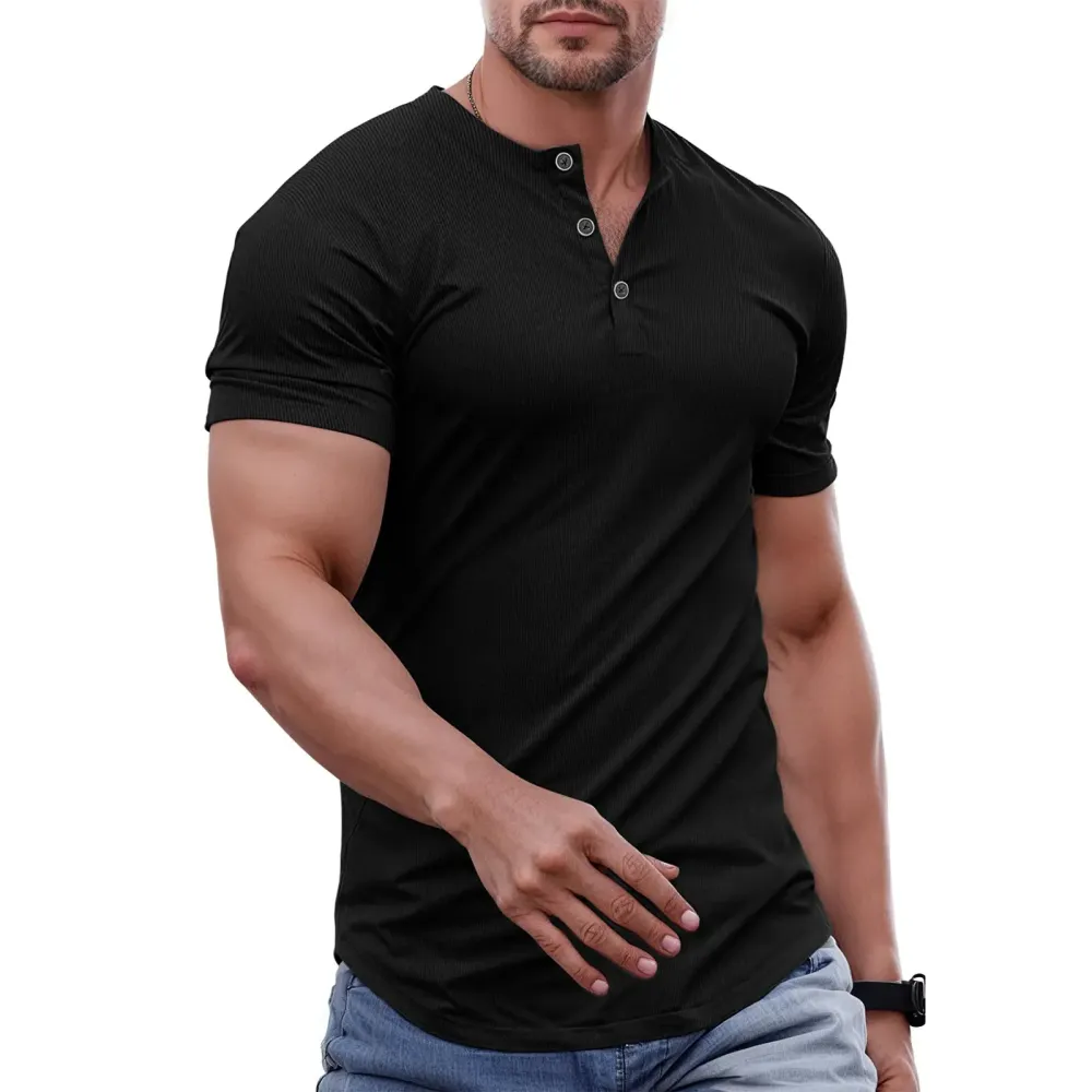 Men's solid color slim-fit Henley neck T-shirt